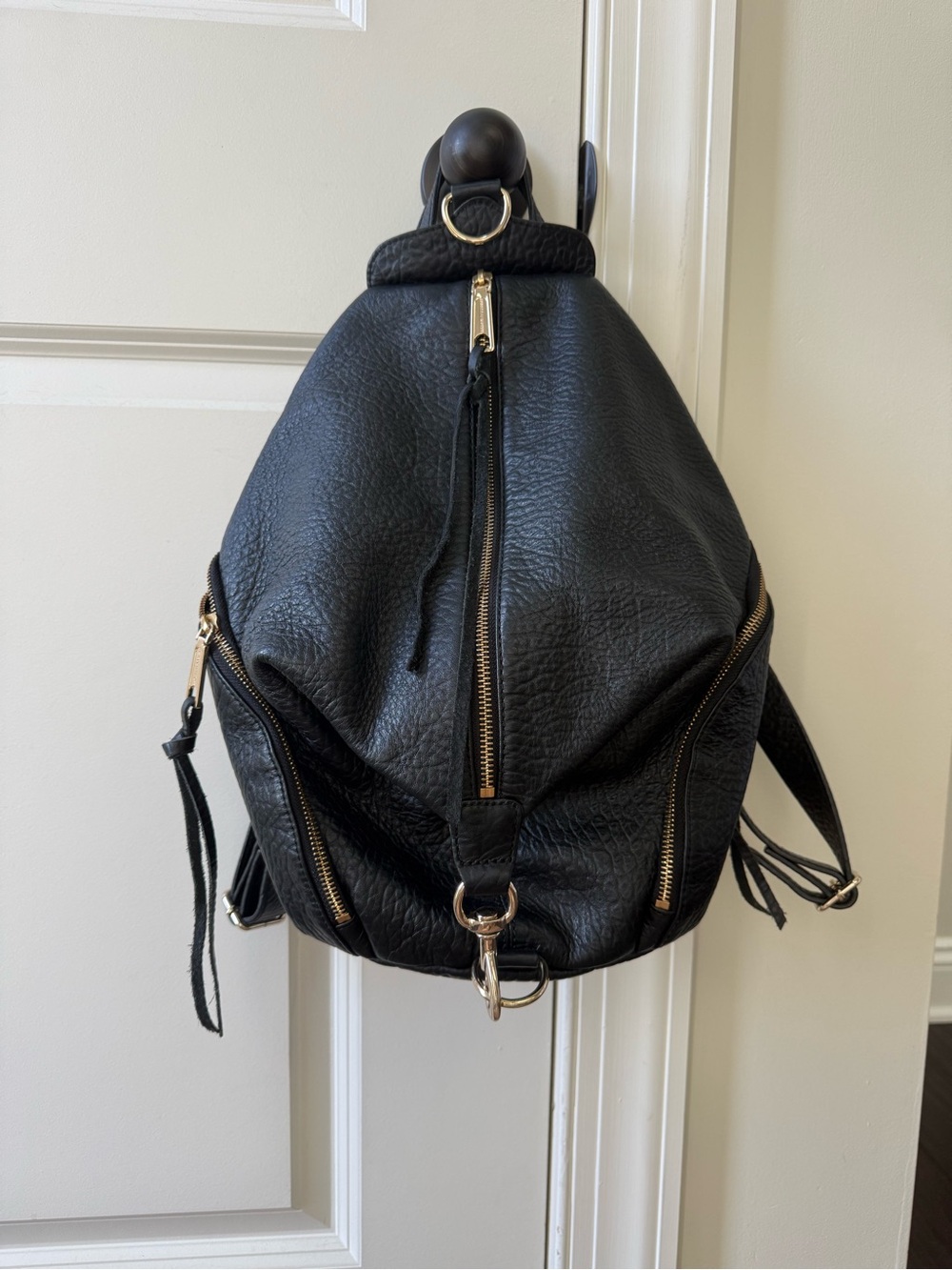Rebecca Minkoff Black Pebbled Leather Convertible Backpack with Gold Hardware